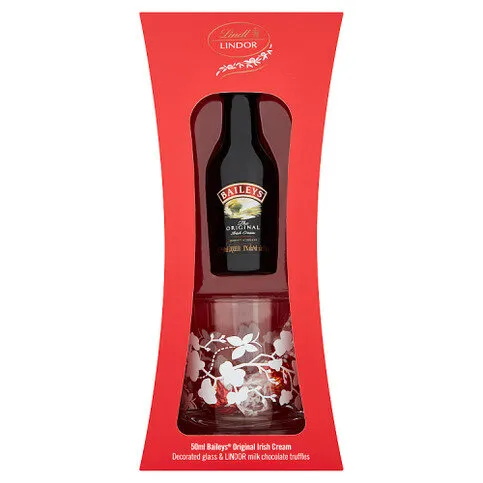 Lindt 50ml Baileys Original Irish Cream, Decorated Glass & Lindor Milk Chocolate Truffles