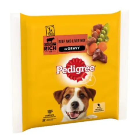 Pedigree Wet Dog Food Pouches Beef, Liver and Vegetables in Gravy 3 x 100g